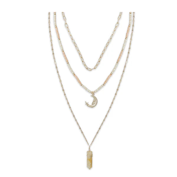 Three layered necklaces with a moon pendant and crystal pendant on a white background