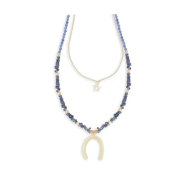 Necklace with blue beads and a yellow pendant on a white background