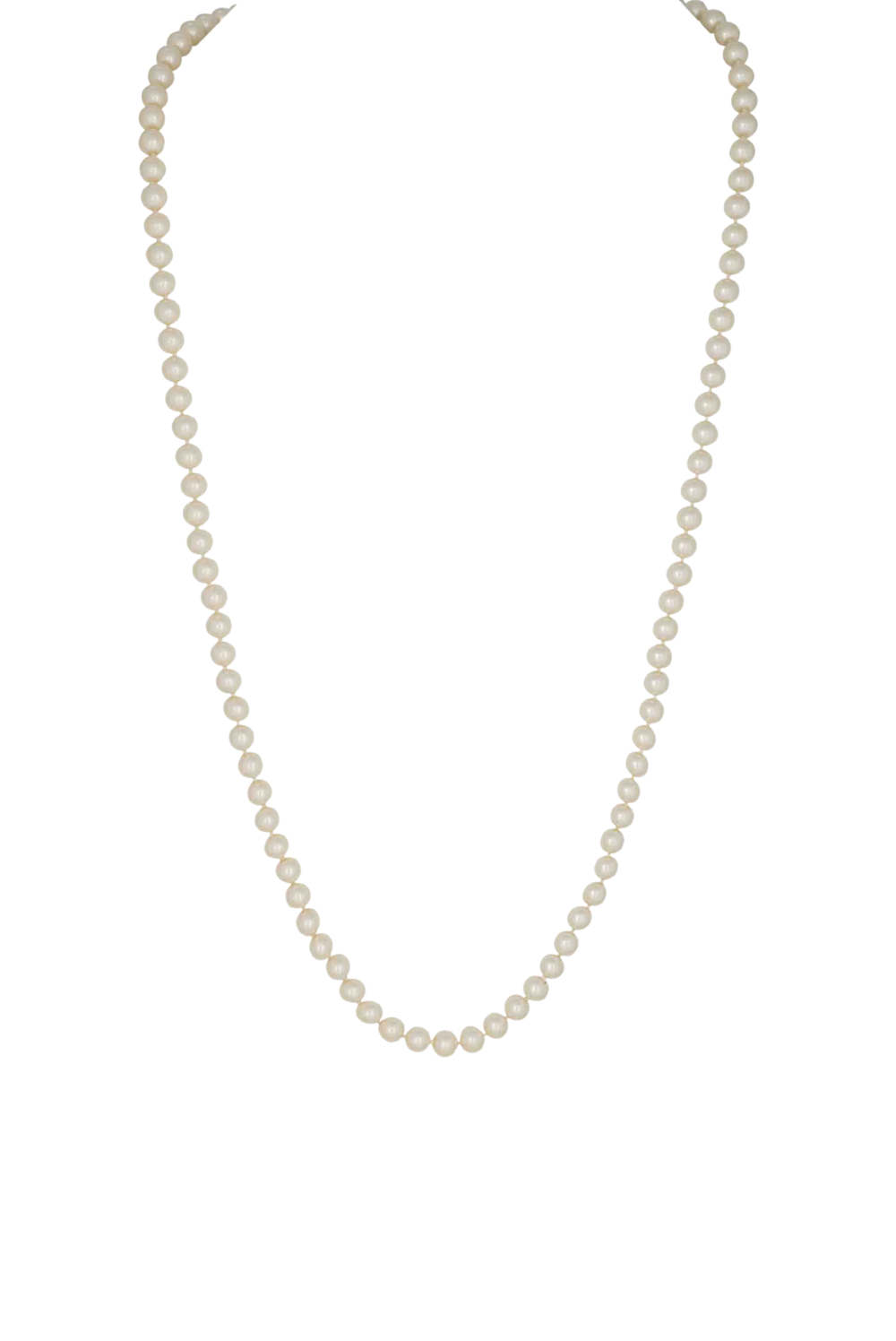 A classic long strand pearl necklace with uniform oval-shaped cream-colored beads, displayed against a solid white background.