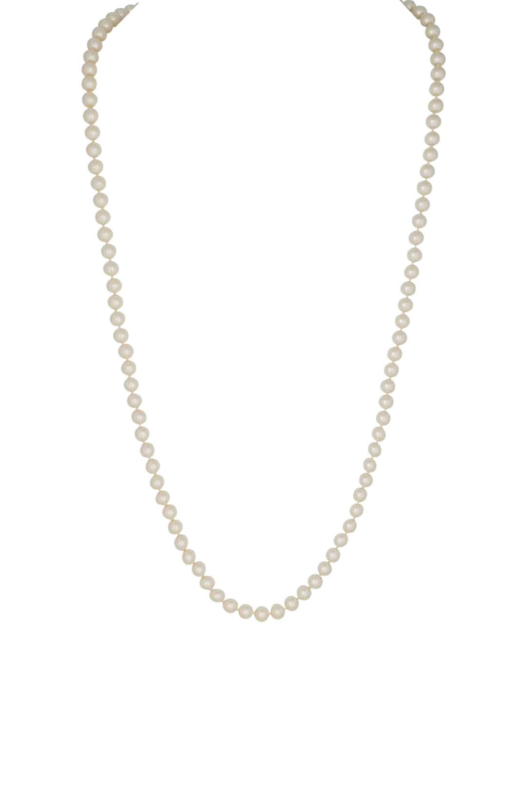 A classic long strand pearl necklace with uniform oval-shaped cream-colored beads, displayed against a solid white background.