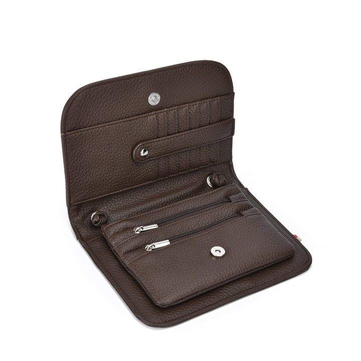 A dark brown textured leather wallet shown open, featuring multiple card slots, zippered compartments, and silver-tone metal snaps, photographed on a solid white background.