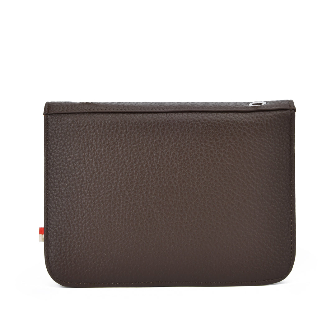 A dark brown pebbled leather pouch with a top zipper, shown against a plain white background.