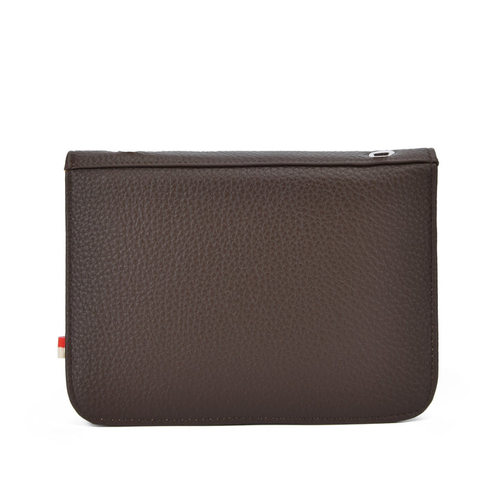 A dark brown pebbled leather pouch with a top zipper, shown against a plain white background.