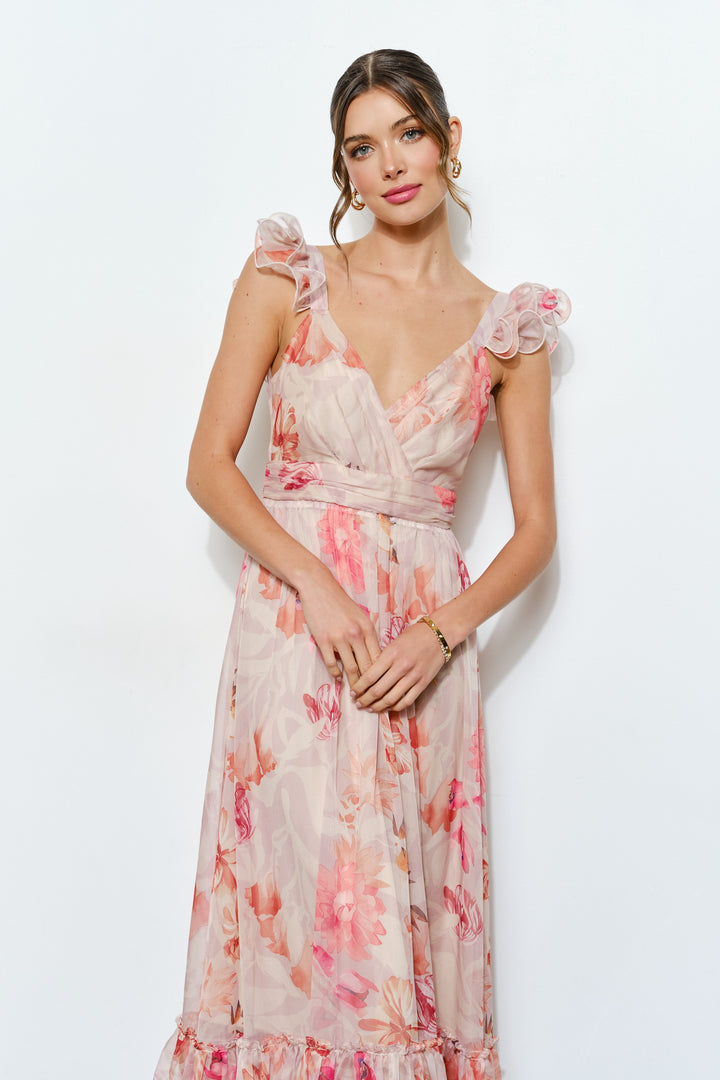 Ruffled Floral Chiffon Tiered Maxi Dress - Peach Floral