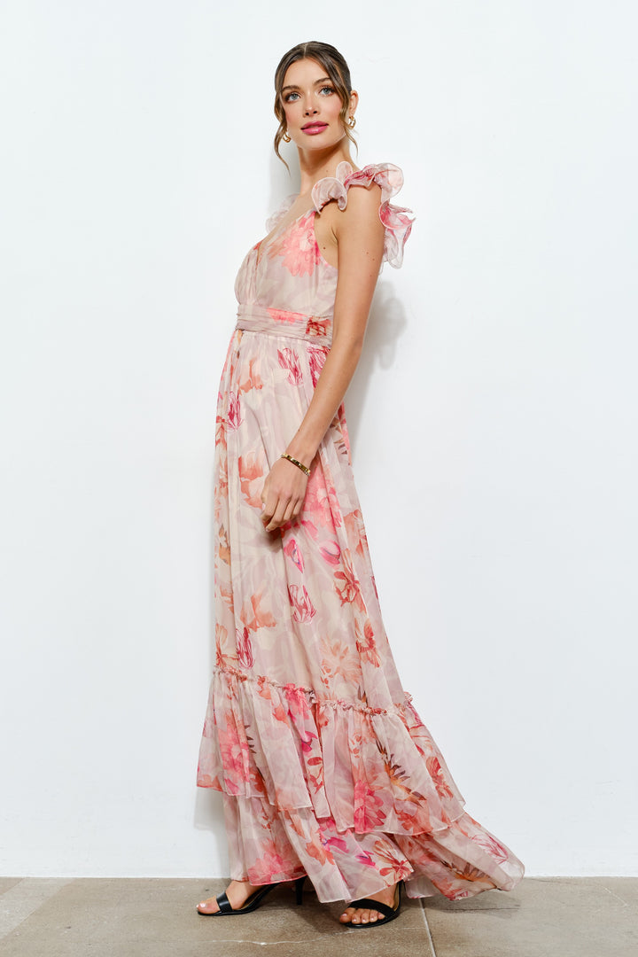 Ruffled Floral Chiffon Tiered Maxi Dress - Peach Floral