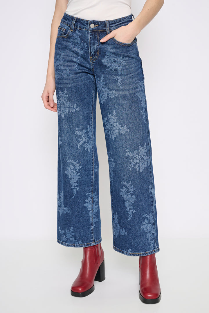 Wide Leg Print Jeans with Bling