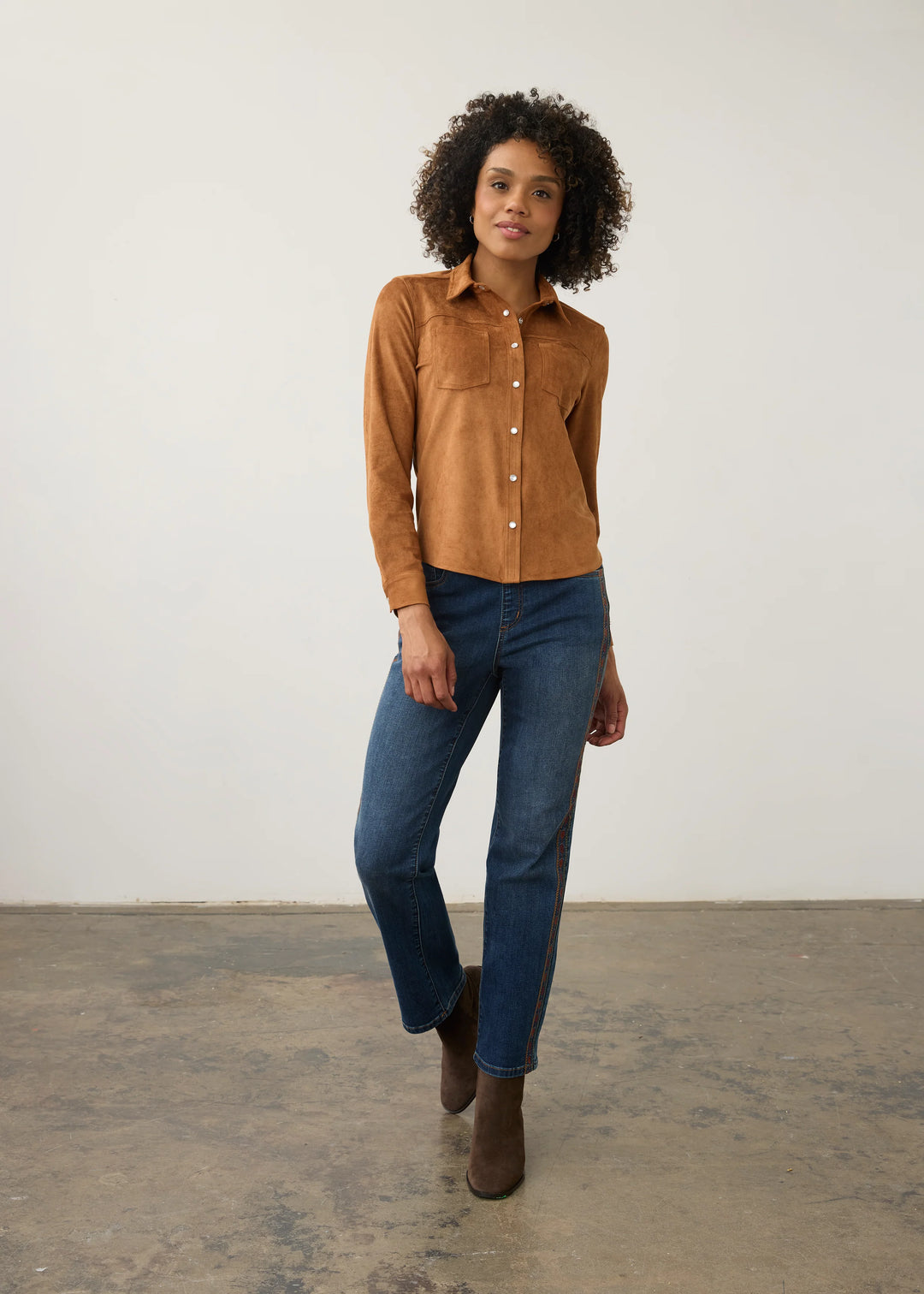 Long Sleeve Suede Shirt - Camel