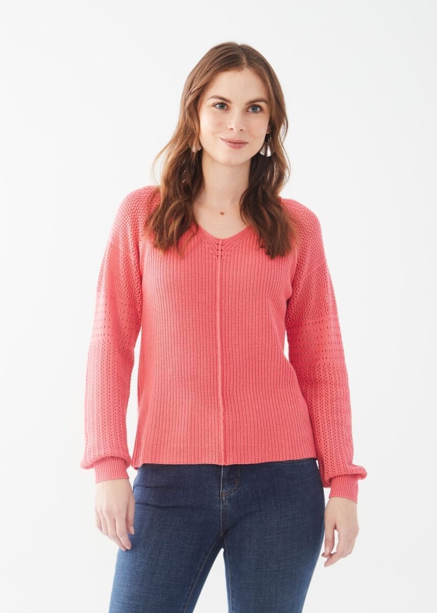 Long pointelle sleeve v-neck sweater