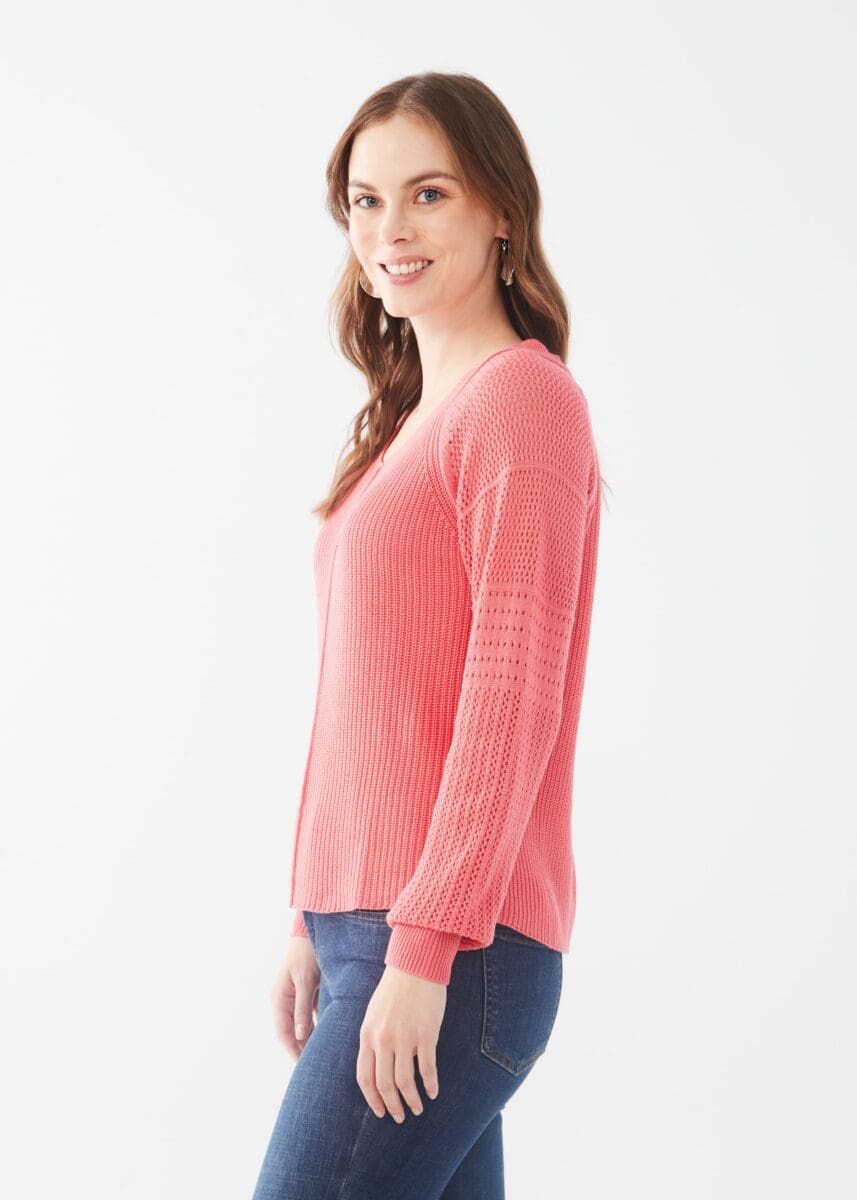 Long pointelle sleeve v-neck sweater