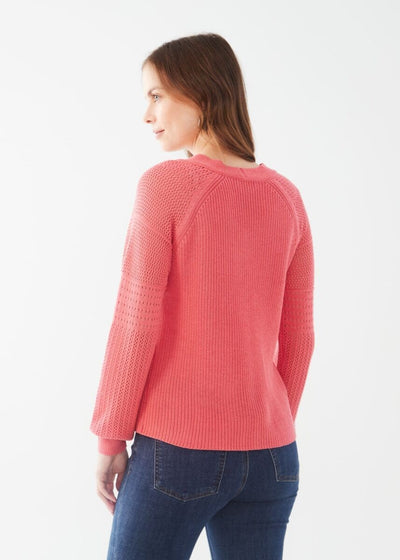 Long pointelle sleeve v-neck sweater