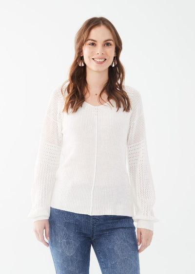 Long pointelle sleeve v-neck sweater