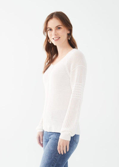 Long pointelle sleeve v-neck sweater