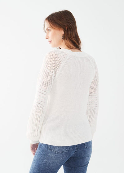 Long pointelle sleeve v-neck sweater