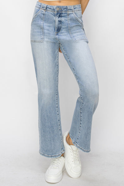 Plus Size High Rise Patch Pocket Ankle Flare Jeans - Light Blue