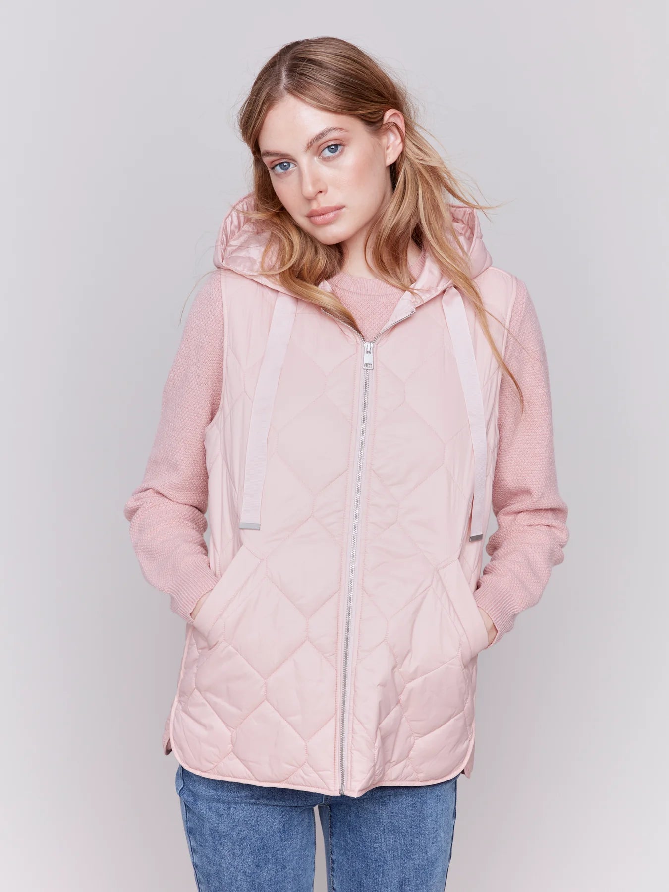 Dream On Solid Hexigon Quilted Hooded Vest - Quartz