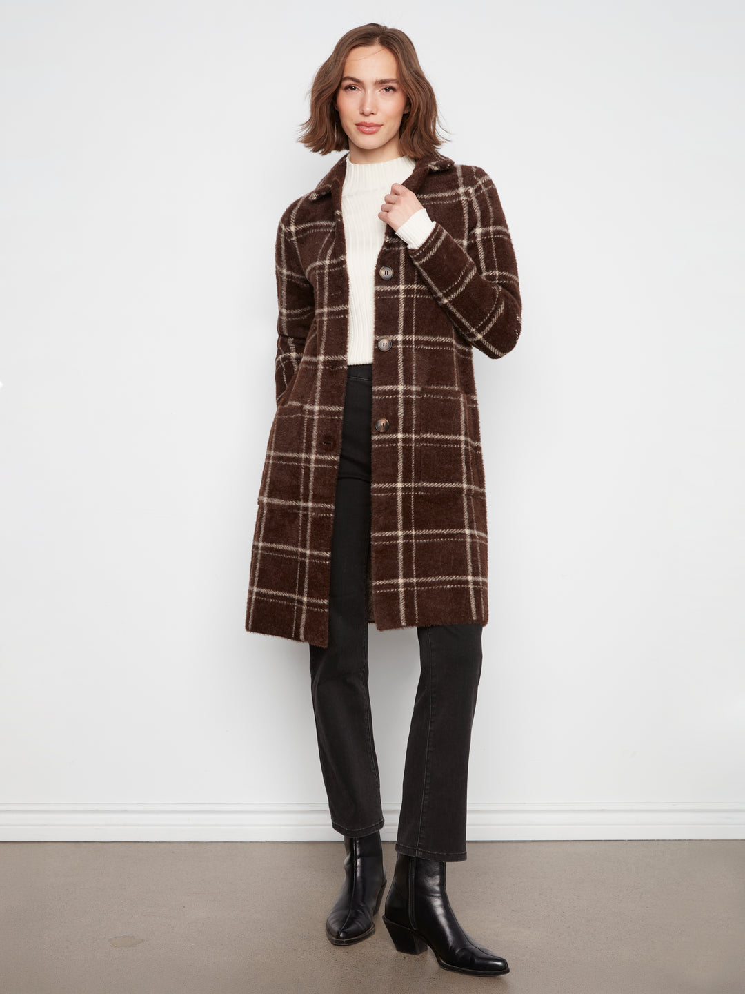 Knit Coatigan With Patch Pockets - Chocolate Plaid