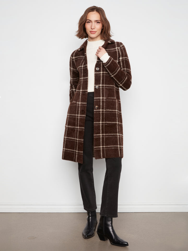 Knit Coatigan With Patch Pockets - Chocolate Plaid