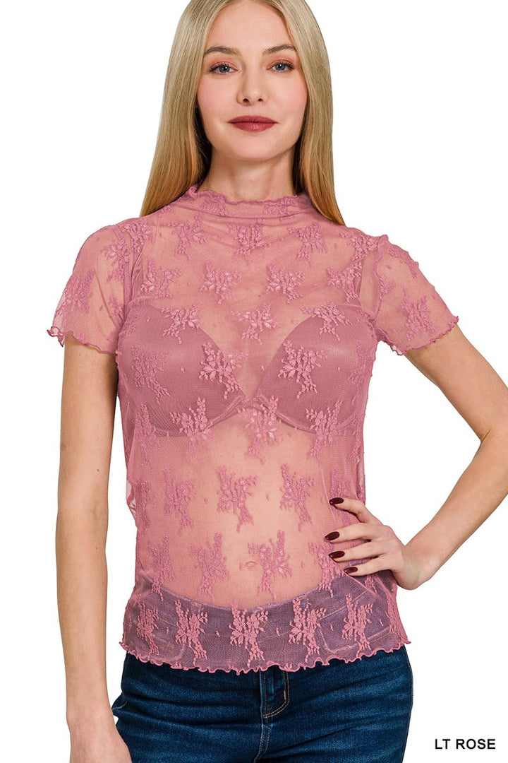 Lace Sheer Layering Short Sleeve Top