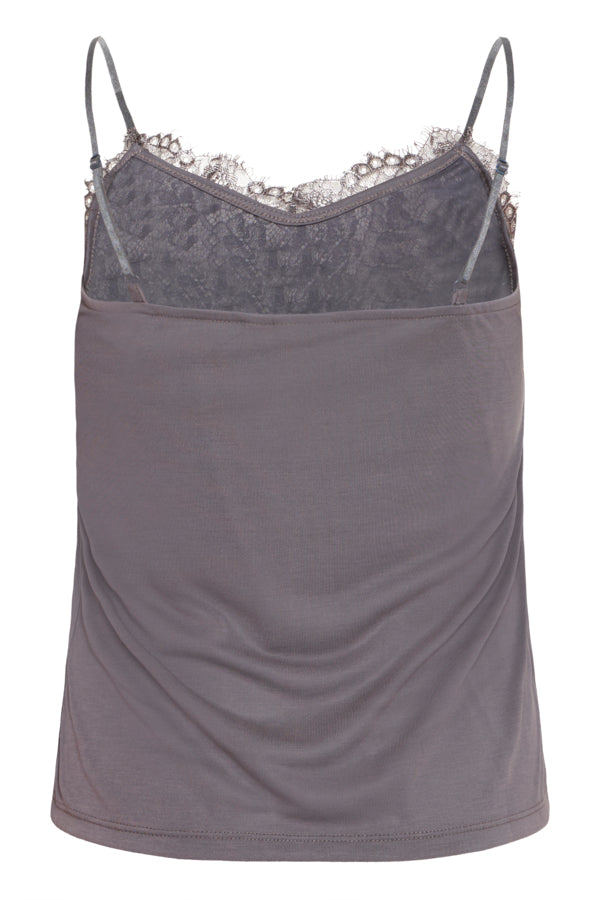 Gray camisole with lace trim on a white background