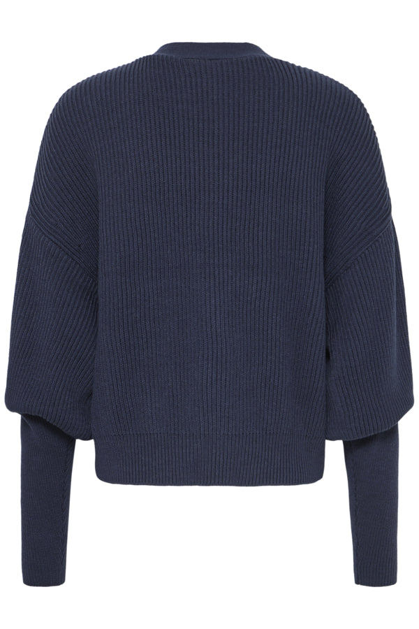 A navy blue ribbed knit sweater with long sleeves and a crew neck, shown from the back on a plain white background.