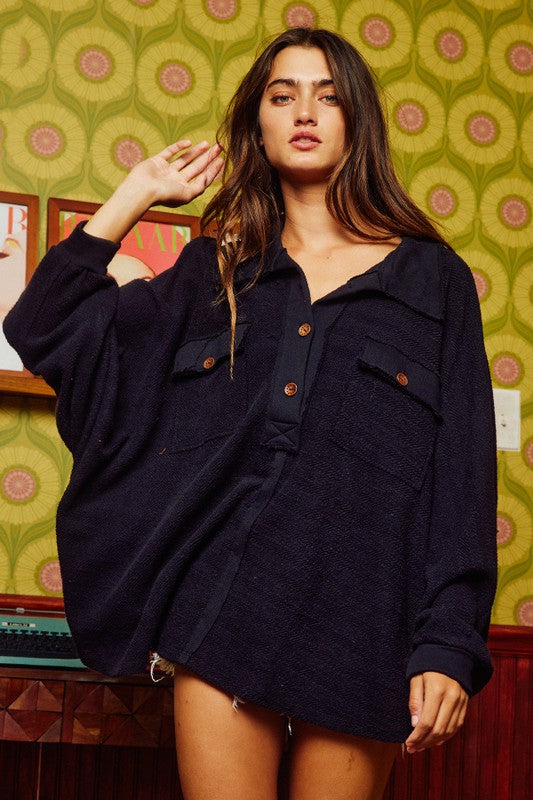 Oversized Henley Top with Button and Pockets