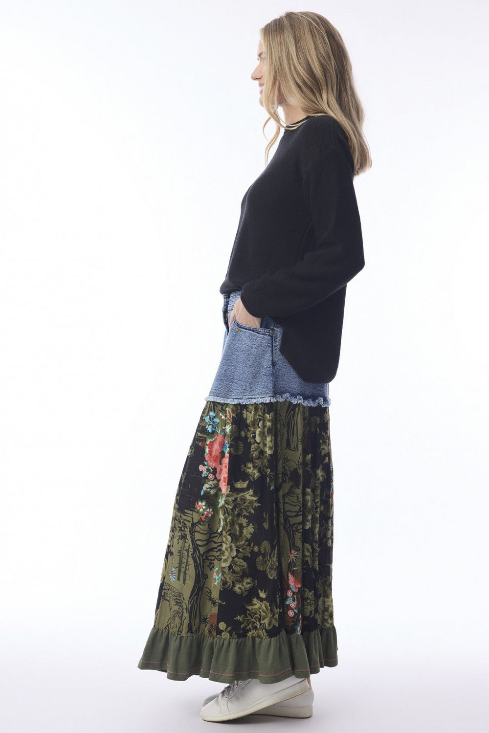 Keqioa Asymmetric Denim & Print Skirt