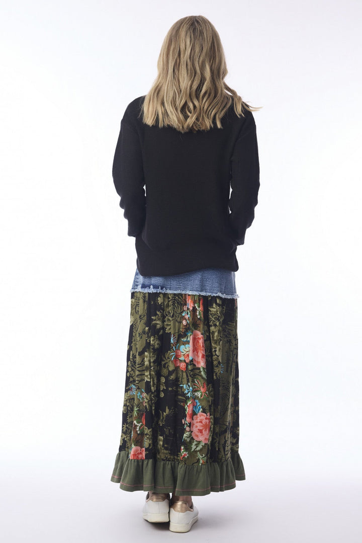 Keqioa Asymmetric Denim &amp; Print Skirt