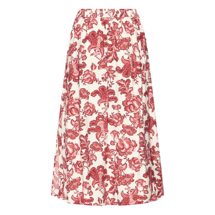 Floral patterned skirt with red flowers on a white background