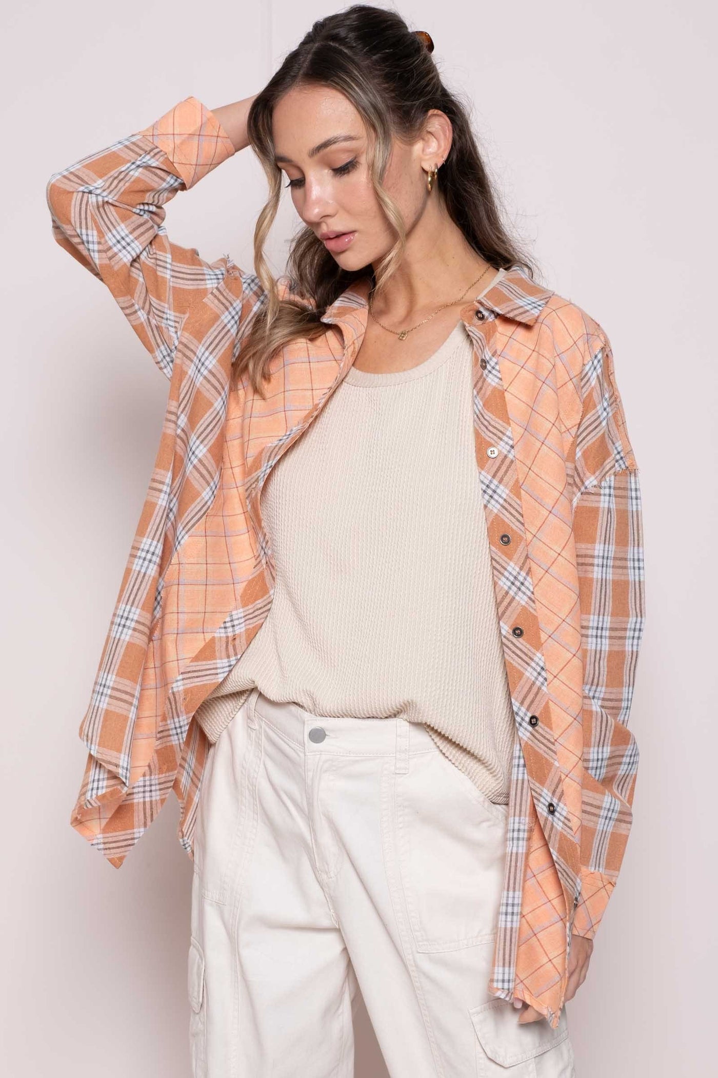 Color plaid mixed shirt with raw edge detail - rust