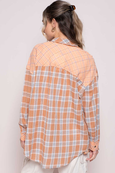 Color plaid mixed shirt with raw edge detail - rust
