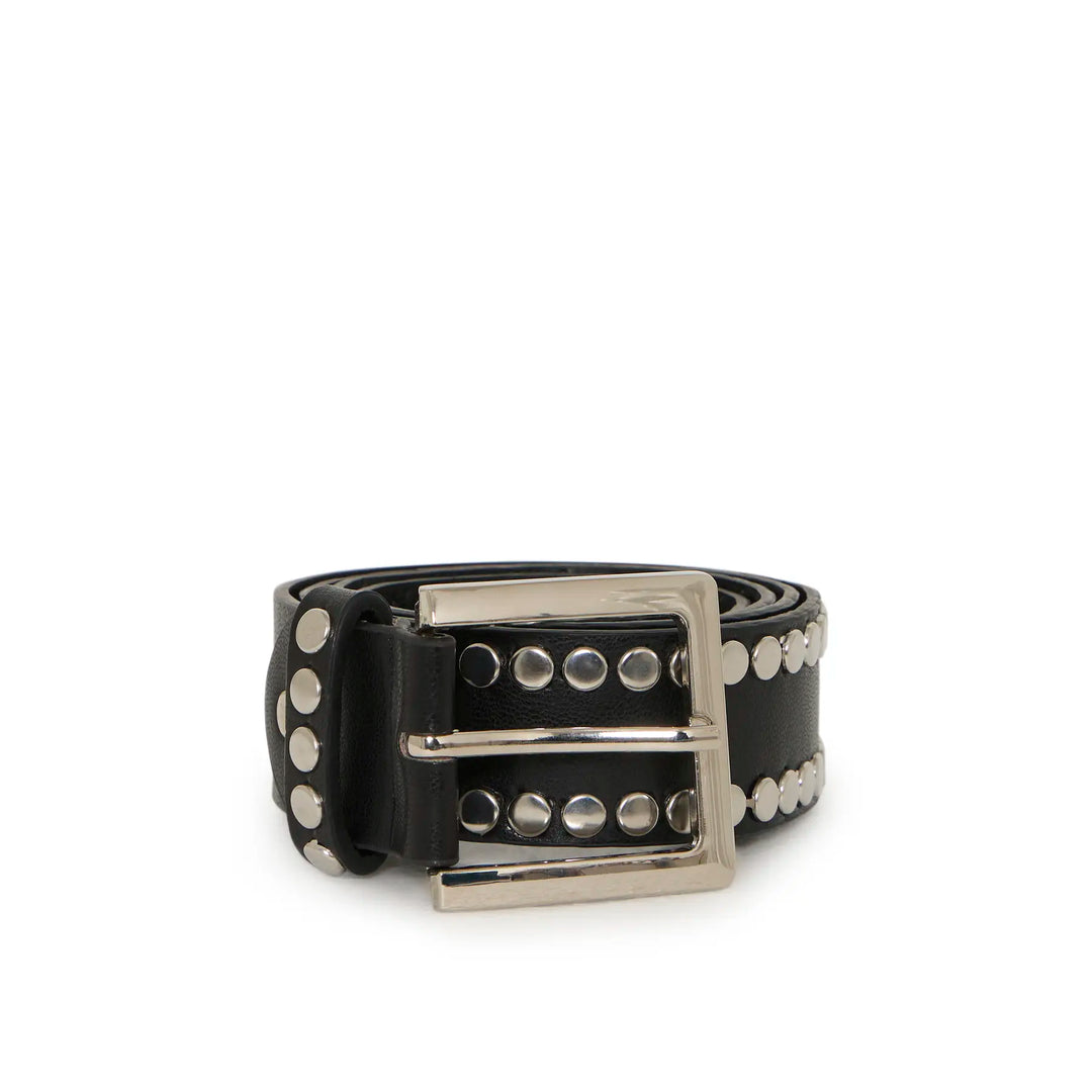A black leather belt with silver-tone studs and a silver buckle, coiled on a white background.