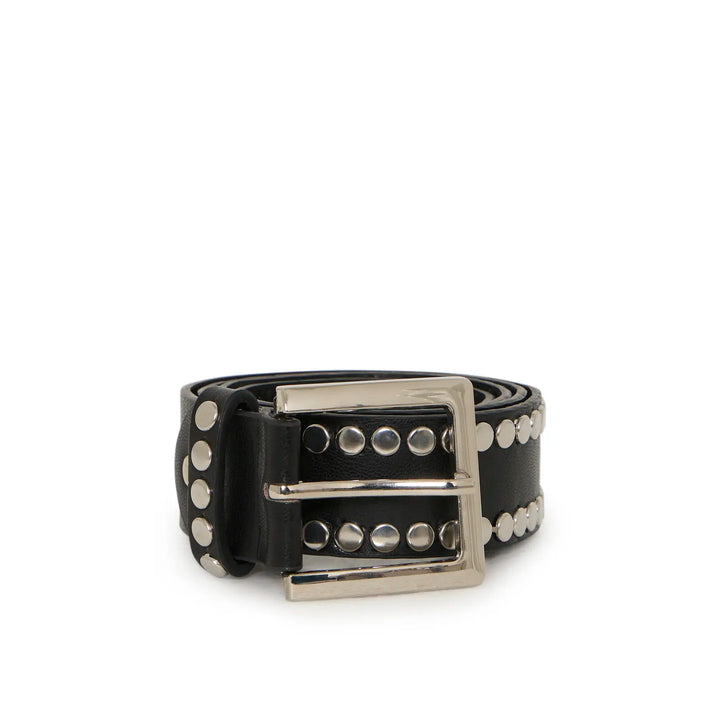 A black leather belt with silver-tone studs and a silver buckle, coiled on a white background.