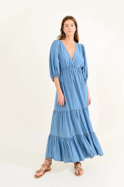 Lyocell Maxi Dress with Balloon Sleeves - Denim Blue