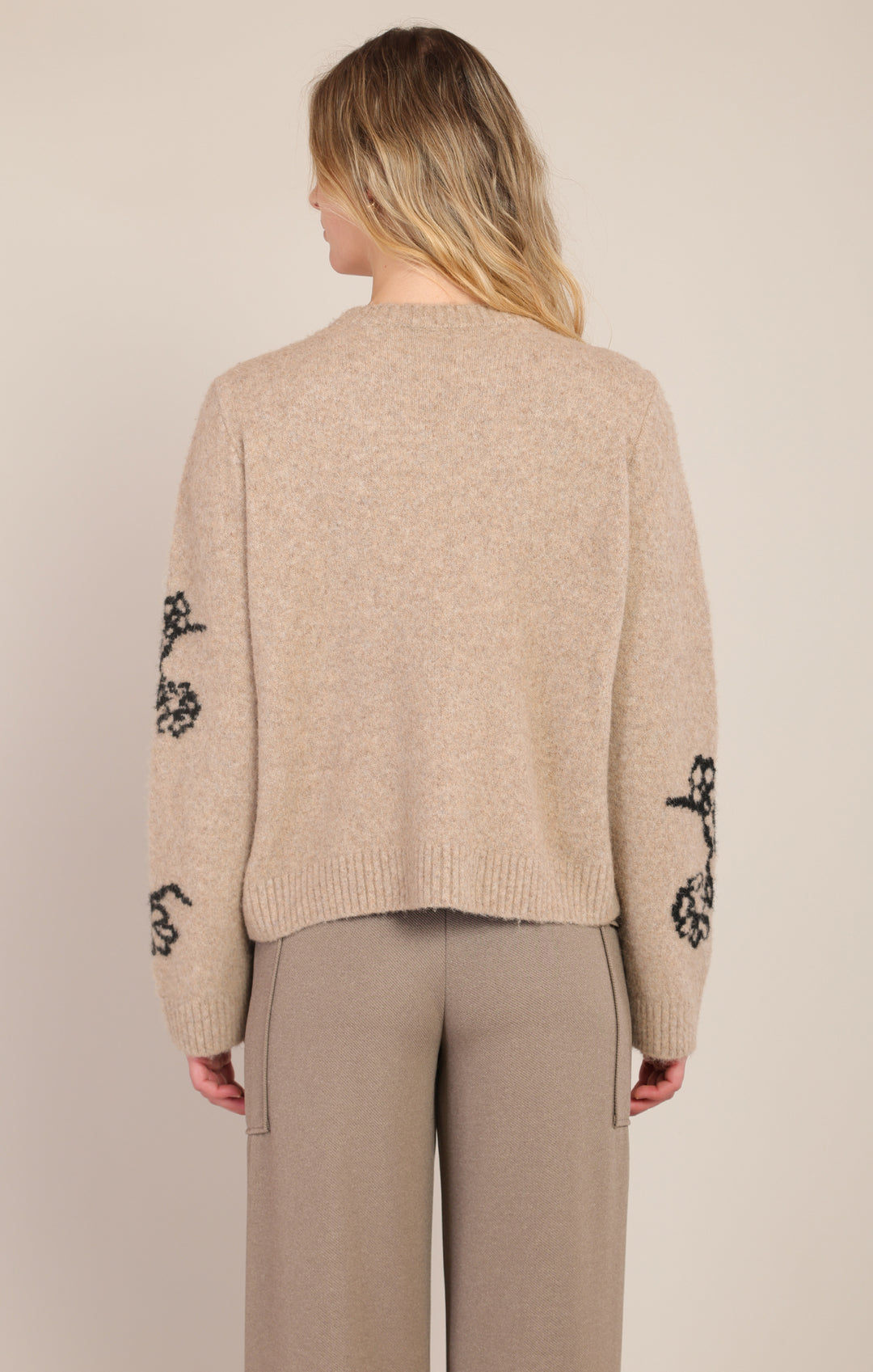 Flower Crew Neck Sweater - Taupe