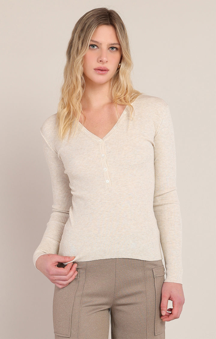 Ribbed Henley - Cream Heather