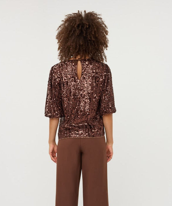 Balloon Sleeve Sequin Top - Coffee