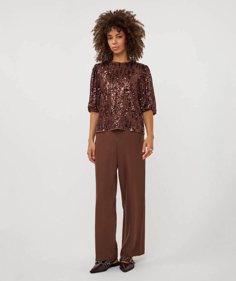 Balloon Sleeve Sequin Top - Coffee