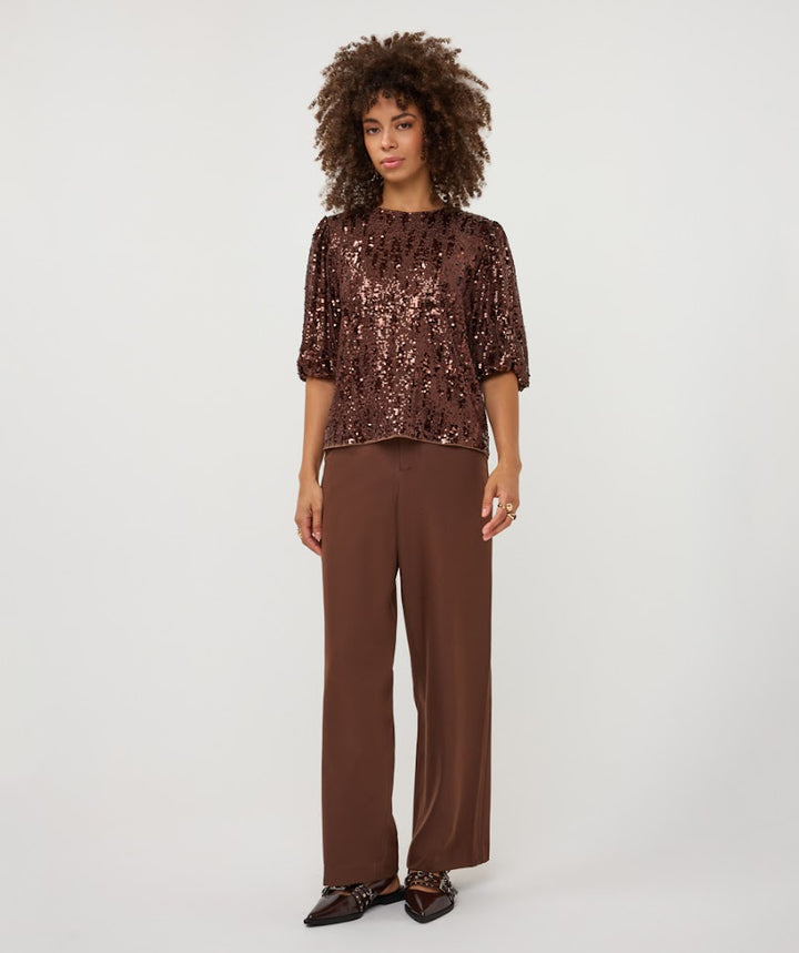 Balloon Sleeve Sequin Top - Coffee