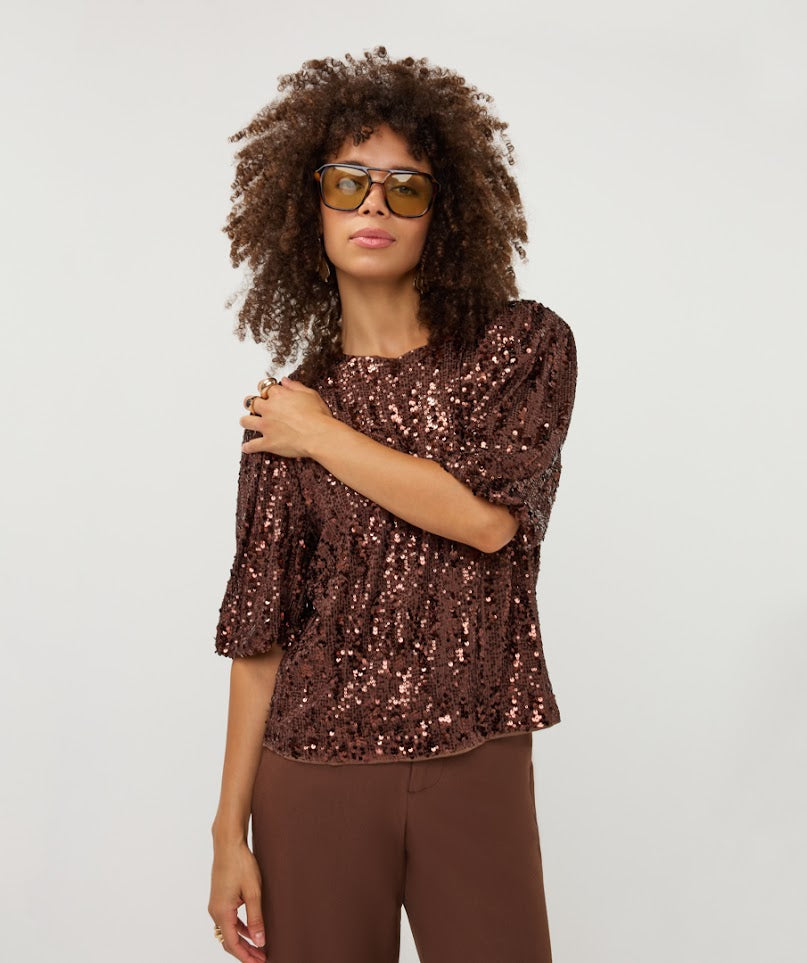 Balloon Sleeve Sequin Top - Coffee