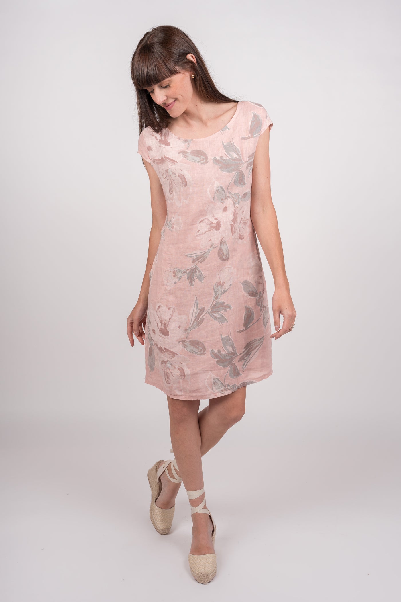 A Line Floral Linen Dress with Pockets - Rose