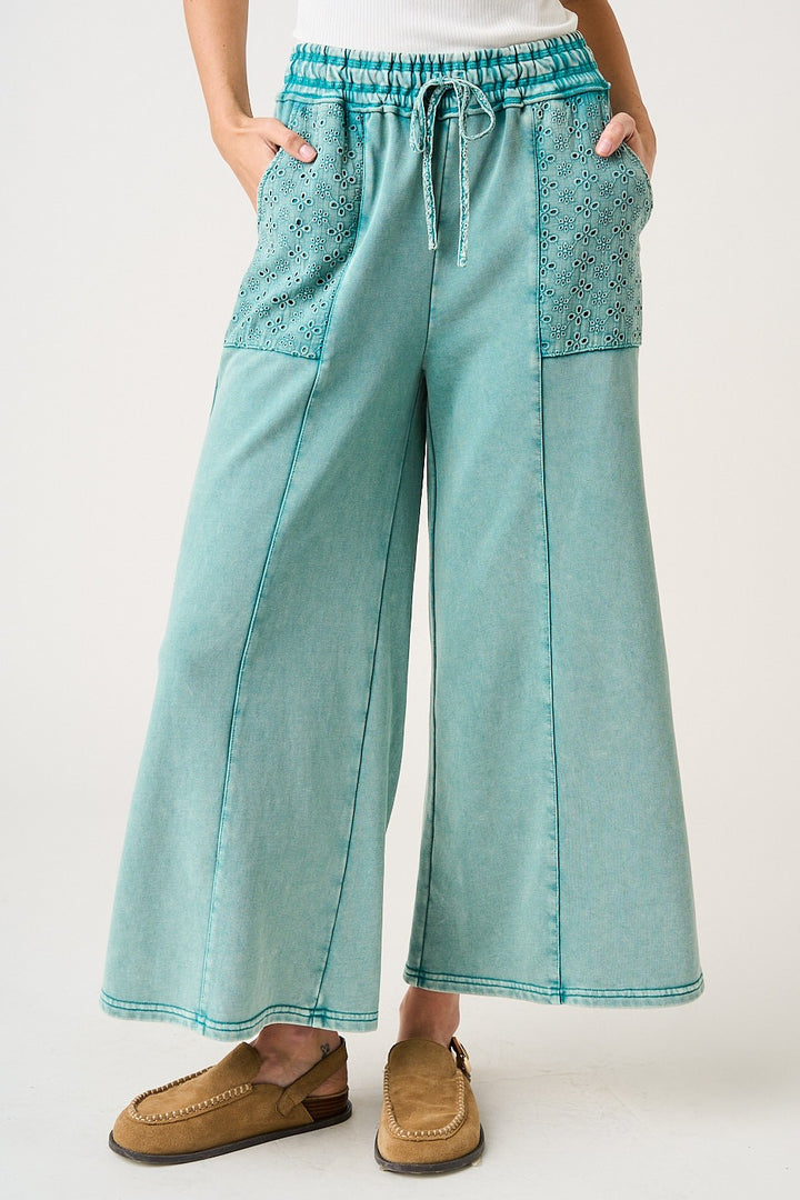 Eyelet Lace Pocket Mineral Wash Wide Leg Pants - Peacock