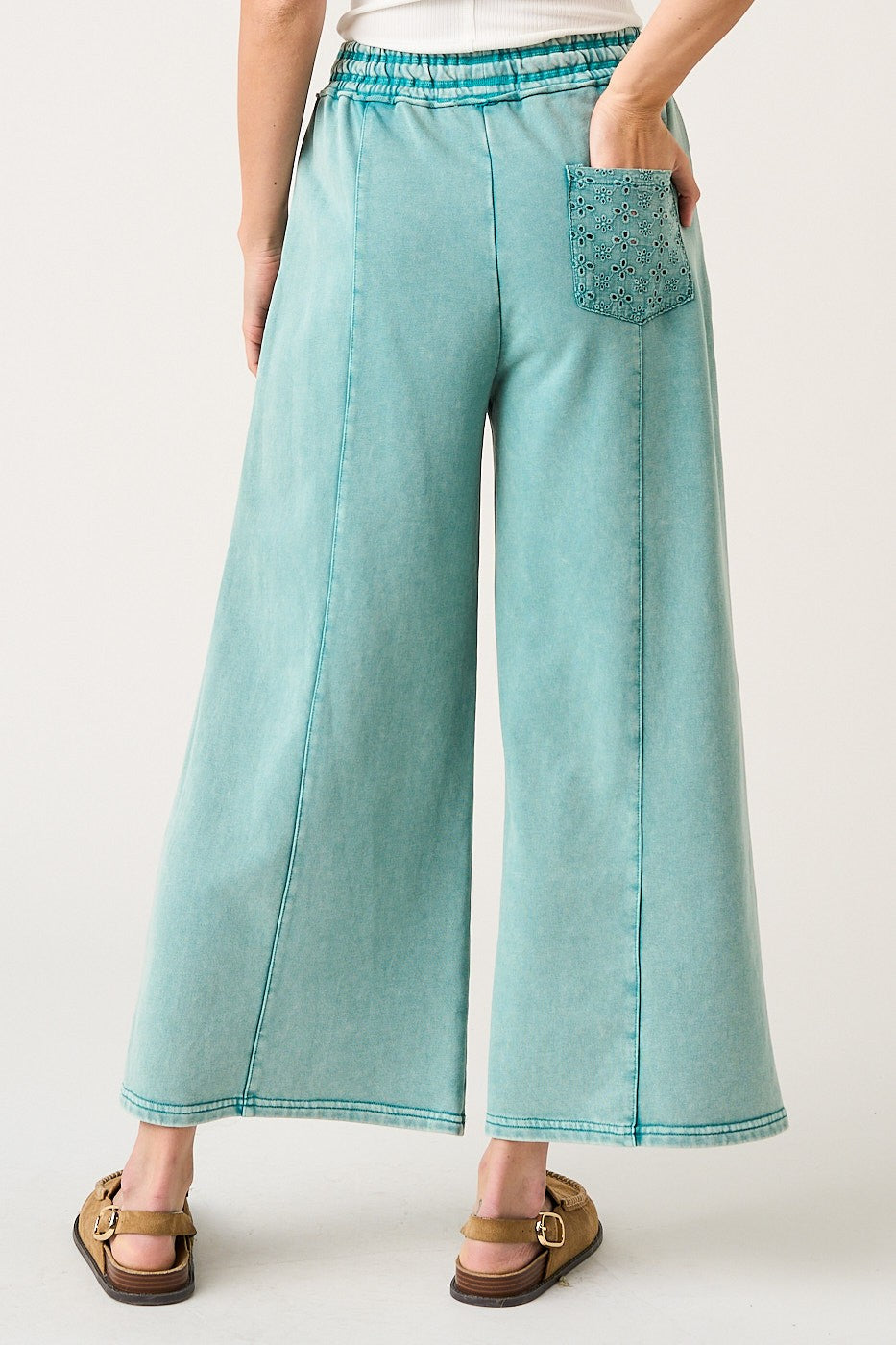 Eyelet Lace Pocket Mineral Wash Wide Leg Pants - Peacock