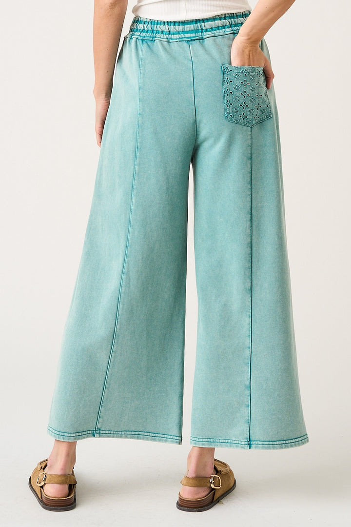 Eyelet Lace Pocket Mineral Wash Wide Leg Pants - Peacock