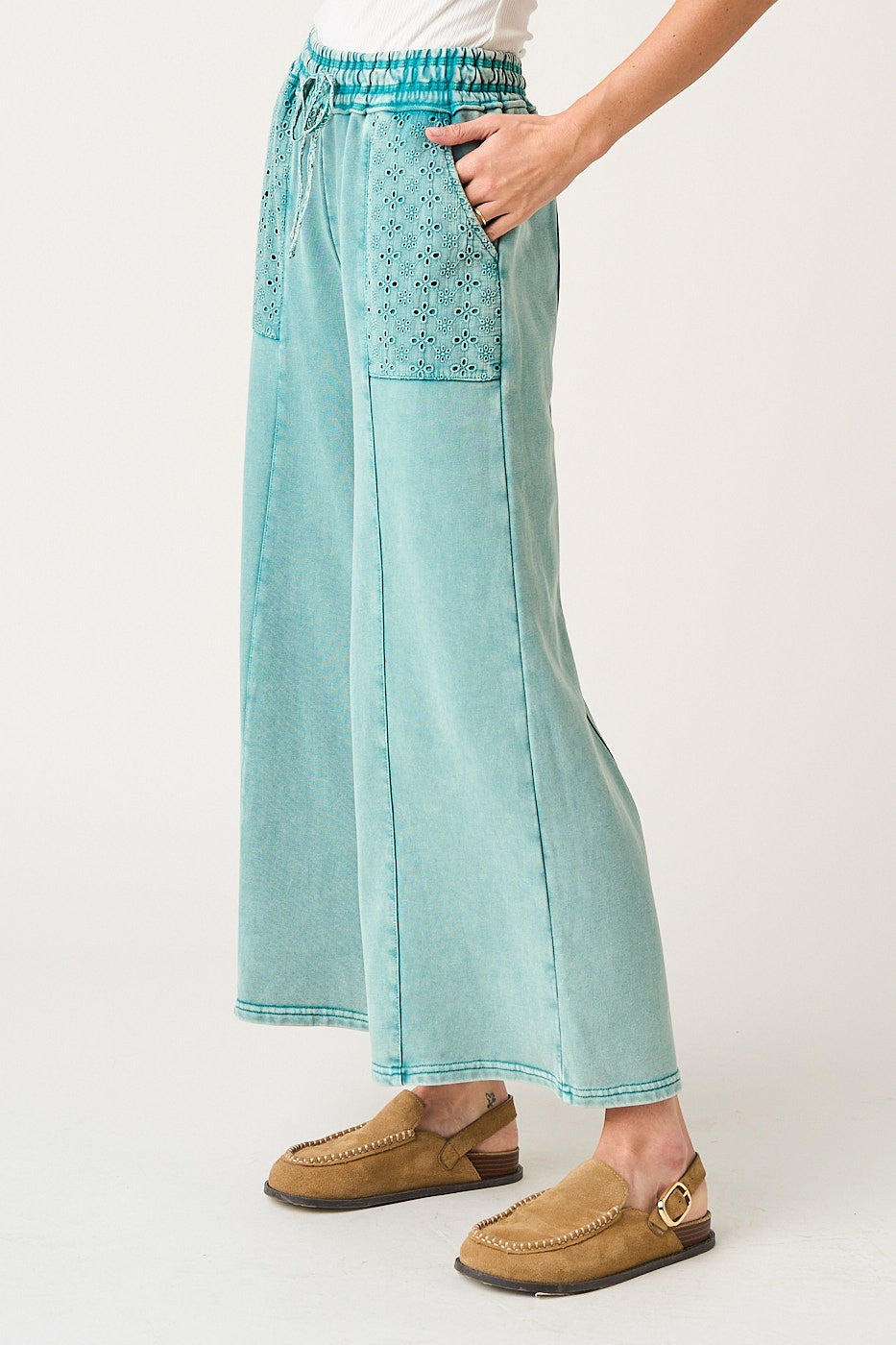 Eyelet Lace Pocket Mineral Wash Wide Leg Pants - Peacock