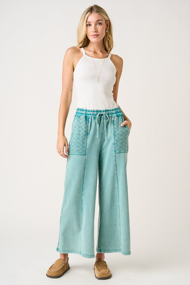 Eyelet Lace Pocket Mineral Wash Wide Leg Pants - Peacock