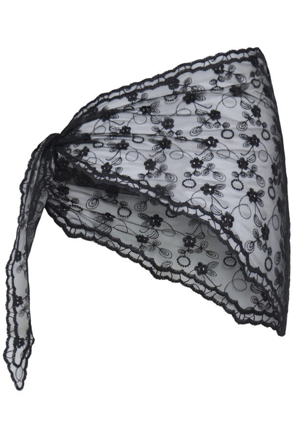 Black lace headscarf with floral embroidery and a tie closure, shown against a plain white background.
