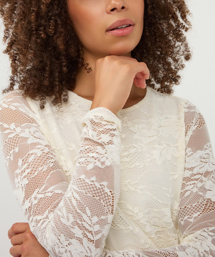 A close-up of a model wearing a cream lace long-sleeve top against a plain light background.
