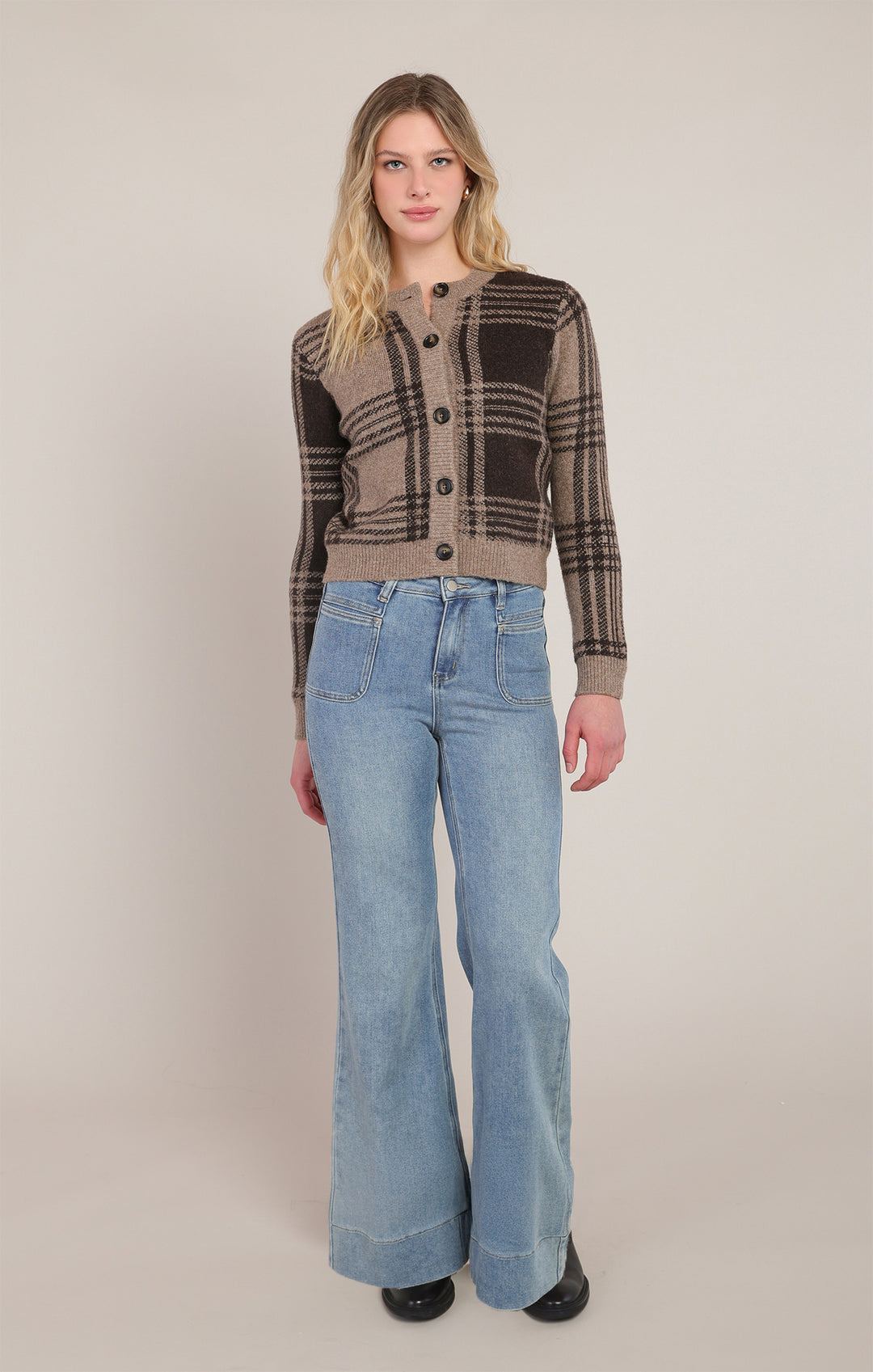 Plaid Cropped Cardigan - Taupe Brown Plaid