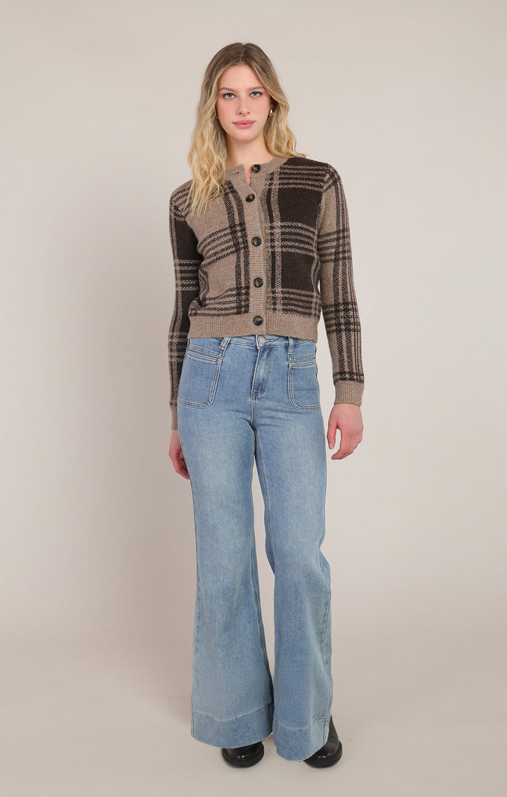 Plaid Cropped Cardigan - Taupe Brown Plaid