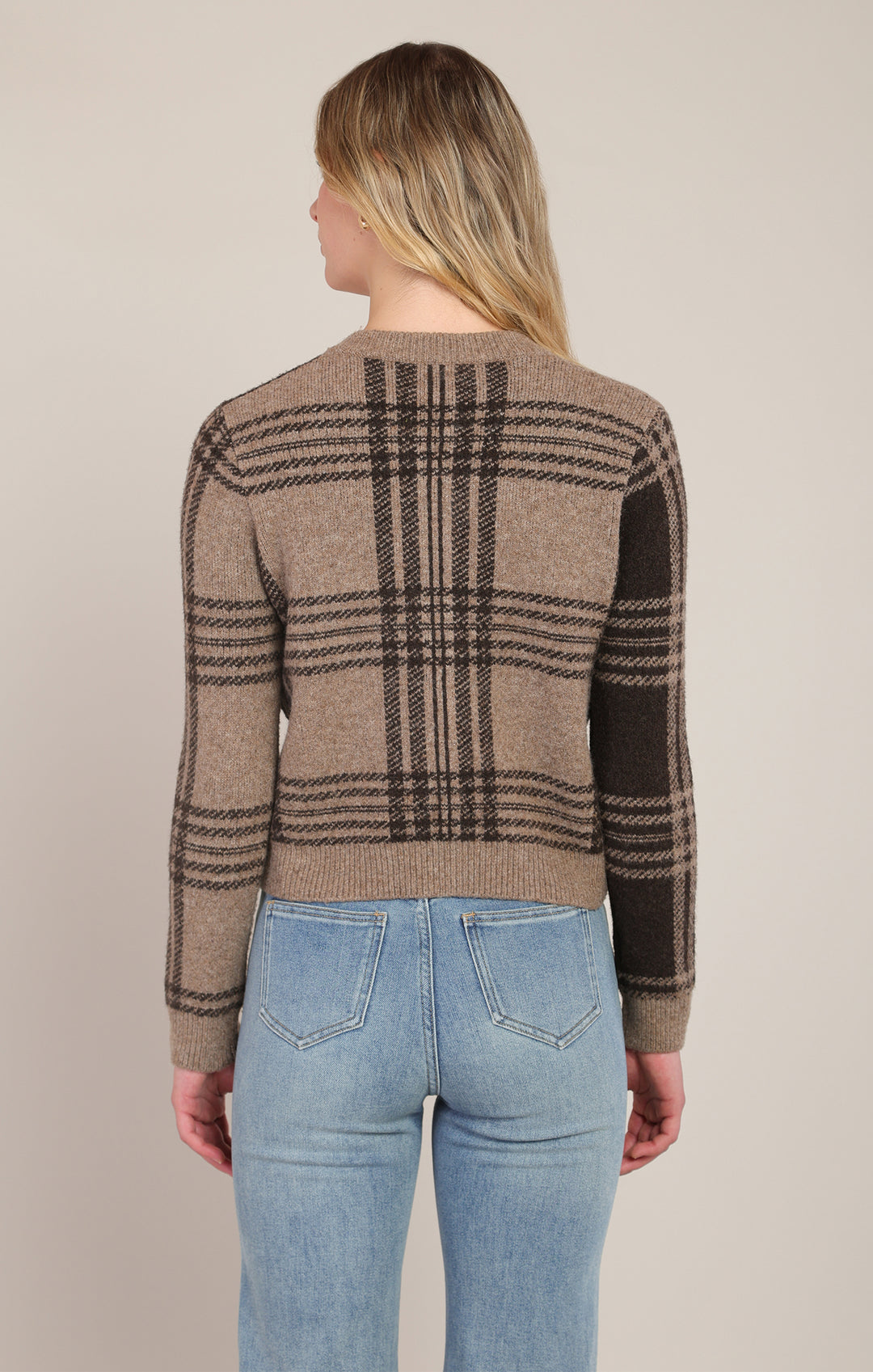 Plaid Cropped Cardigan - Taupe Brown Plaid